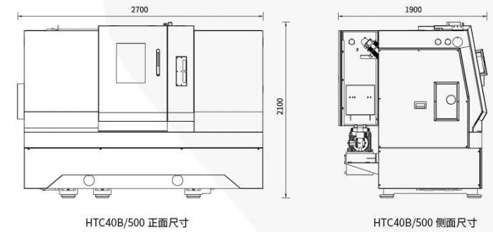 Габаритный чертёж HTC40B/500: вид спереди и сбоку с размерами по длине, ширине и высоте